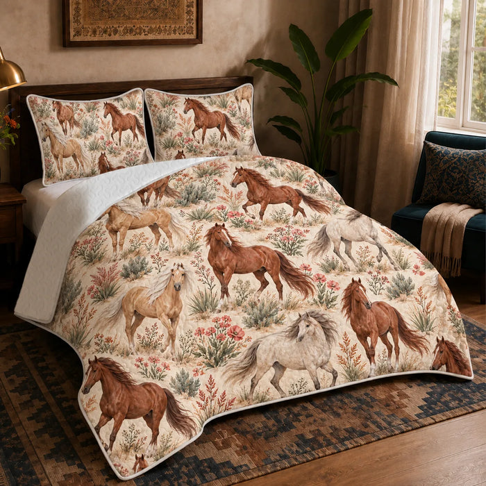 Desert Bloom Horse quilt set — chestnut, palomino and gray horses among sagebrush and coral wildflowers on cream