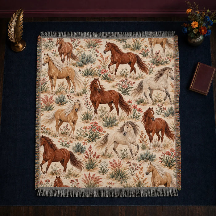 Desert Bloom Horse woven throw blanket — chestnut, palomino and gray horses among sagebrush and coral wildflowers on cream