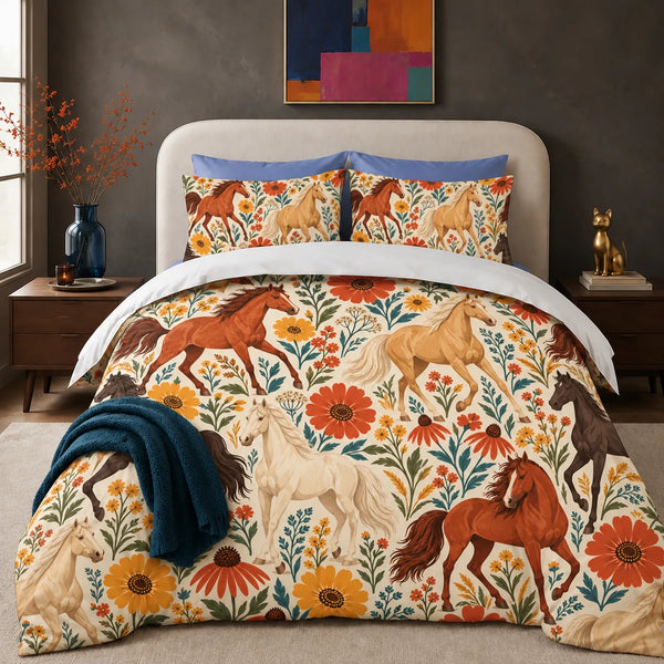 Retro Floral Horse comforter set — rust, palomino and cream horses among big orange and mustard flowers on cream