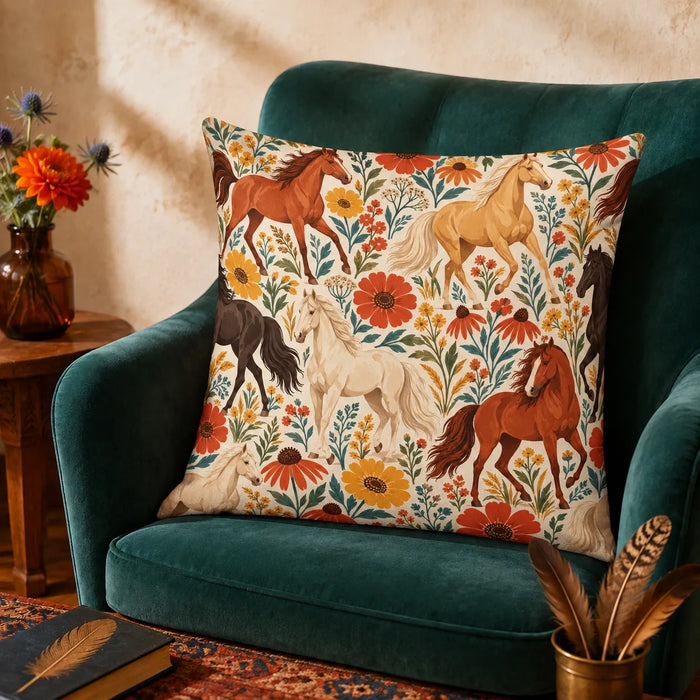 Retro Floral Horse cushion cover set — rust, palomino and cream horses among big orange and mustard flowers on cream