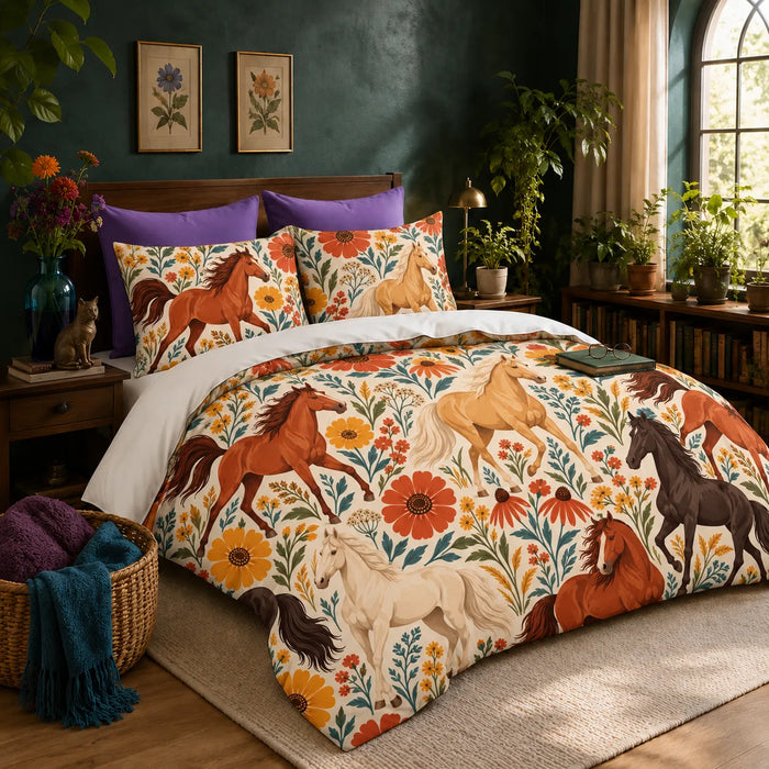 Retro Floral Horse duvet cover set — rust, palomino and cream horses among big orange and mustard flowers on cream