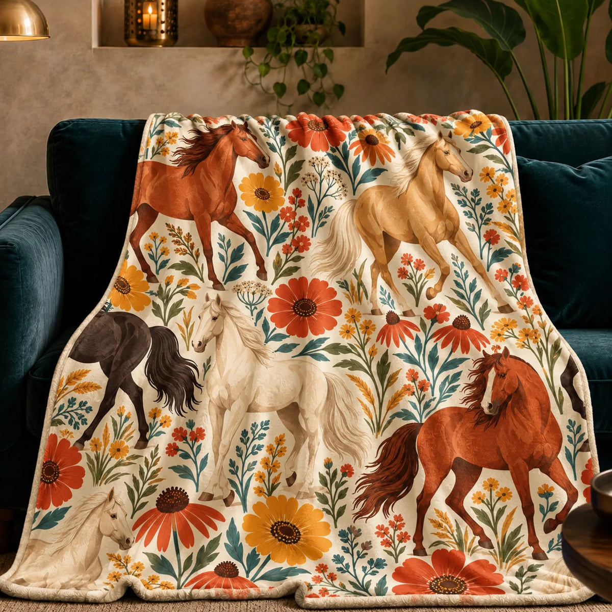 Retro Floral Horse fleece throw blanket — rust, palomino and cream horses among big orange and mustard flowers on cream