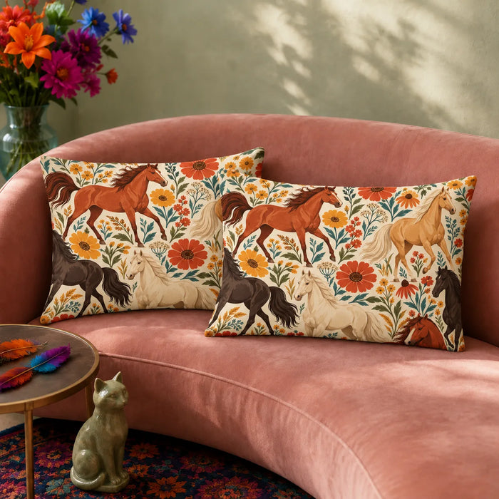 Retro Floral Horse pillowcase set — rust, palomino and cream horses among big orange and mustard flowers on cream