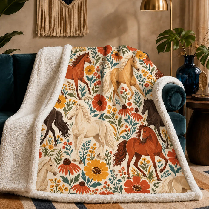 Retro Floral Horse sherpa blanket — rust, palomino and cream horses among big orange and mustard flowers on cream