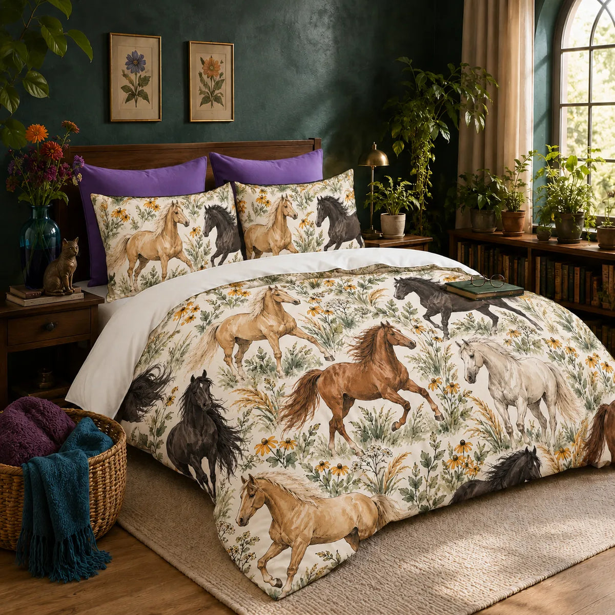 Sage Ink Wash Horse duvet cover set — palomino, chestnut and black horses among sage grasses and black-eyed Susans on cream