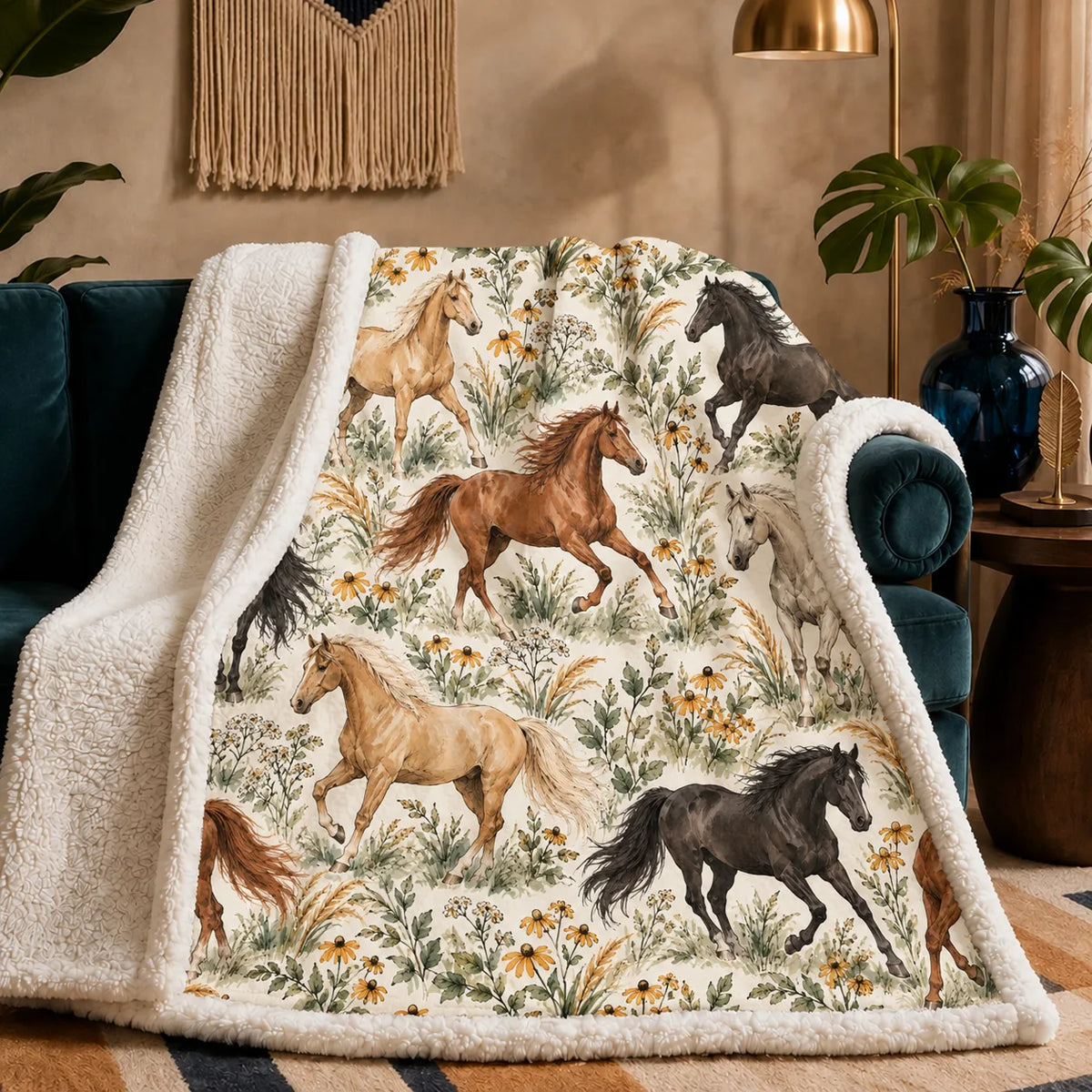 Sage Ink Wash Horse sherpa blanket — palomino, chestnut and black horses among sage grasses and black-eyed Susans on cream