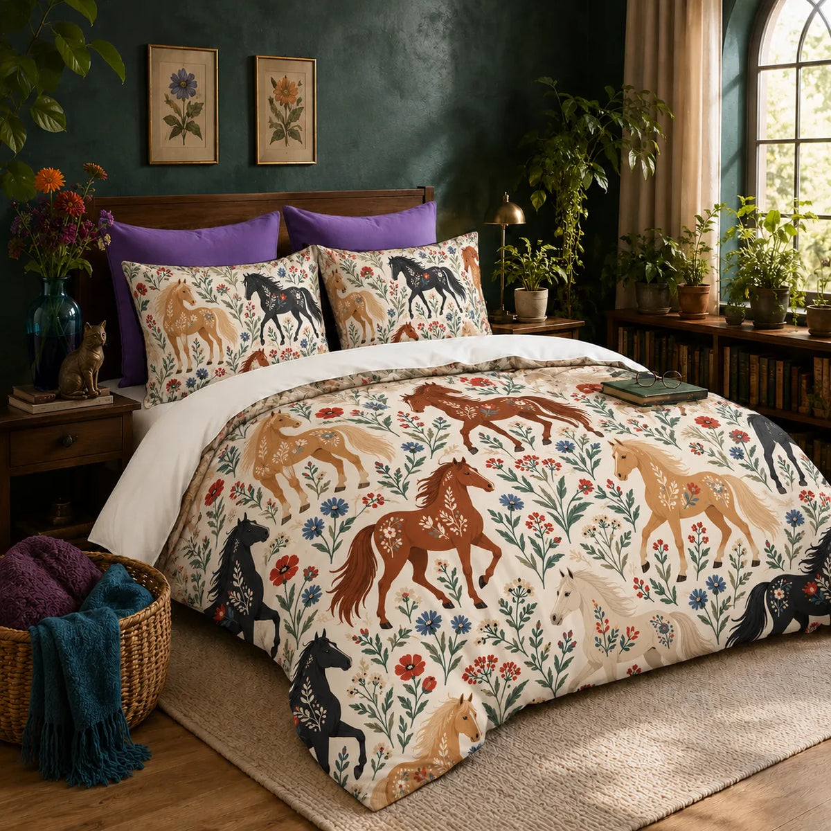 Scandinavian Folk Horse duvet cover set — folk horses decorated with flowers among red poppies and blue cornflowers on cream