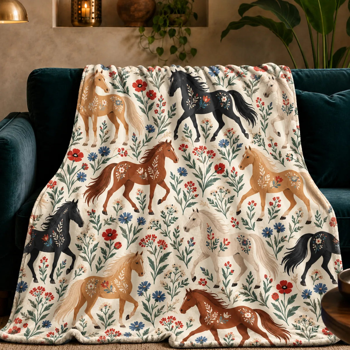 Scandinavian Folk Horse fleece throw blanket — folk horses decorated with flowers among red poppies and blue cornflowers on cream