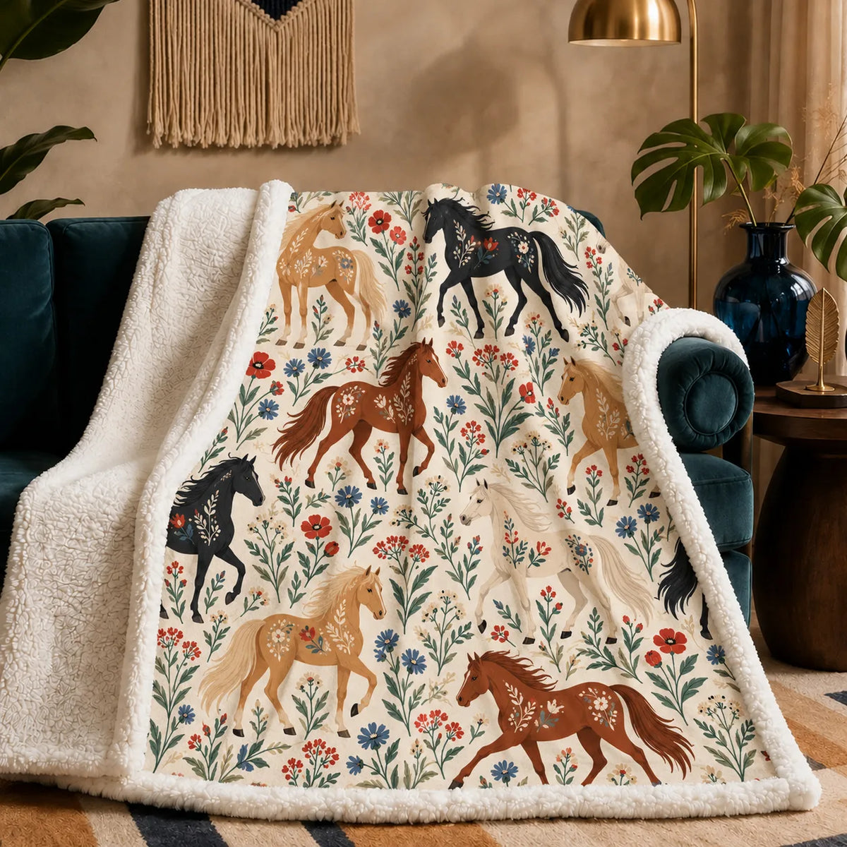 Scandinavian Folk Horse sherpa blanket — folk horses decorated with flowers among red poppies and blue cornflowers on cream