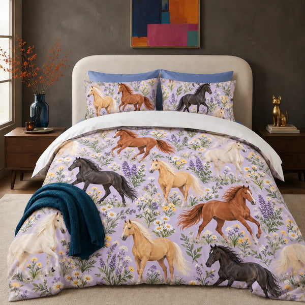 Spring Lilac Horse comforter set — palomino, chestnut and black horses among purple lupines and white daisies on lilac