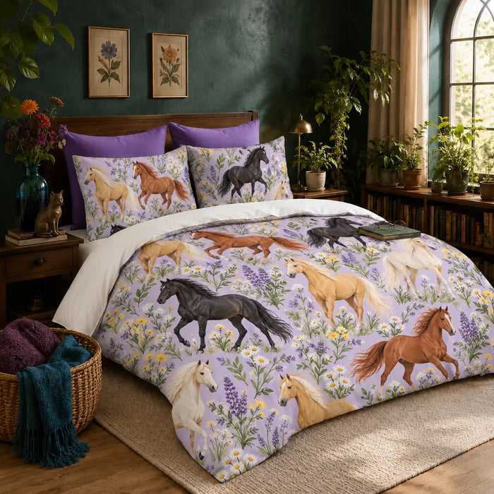 Spring Lilac Horse duvet cover set — palomino, chestnut and black horses among purple lupines and white daisies on lilac