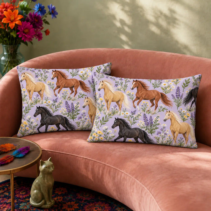 Spring Lilac Horse pillowcase set — palomino, chestnut and black horses among purple lupines and white daisies on lilac