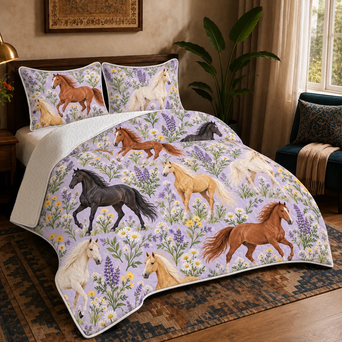 Spring Lilac Horse quilt set — palomino, chestnut and black horses among purple lupines and white daisies on lilac