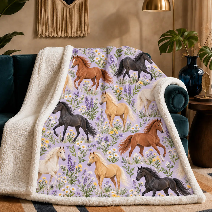 Spring Lilac Horse sherpa blanket — palomino, chestnut and black horses among purple lupines and white daisies on lilac