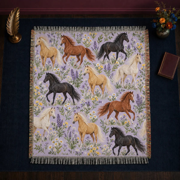 Spring Lilac Horse woven throw blanket — palomino, chestnut and black horses among purple lupines and white daisies on lilac