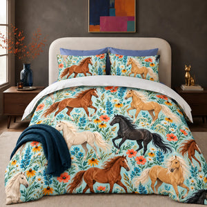 Summer Aqua Horse comforter set — chestnut, palomino and black horses among blue lupines and coral poppies on pale aqua