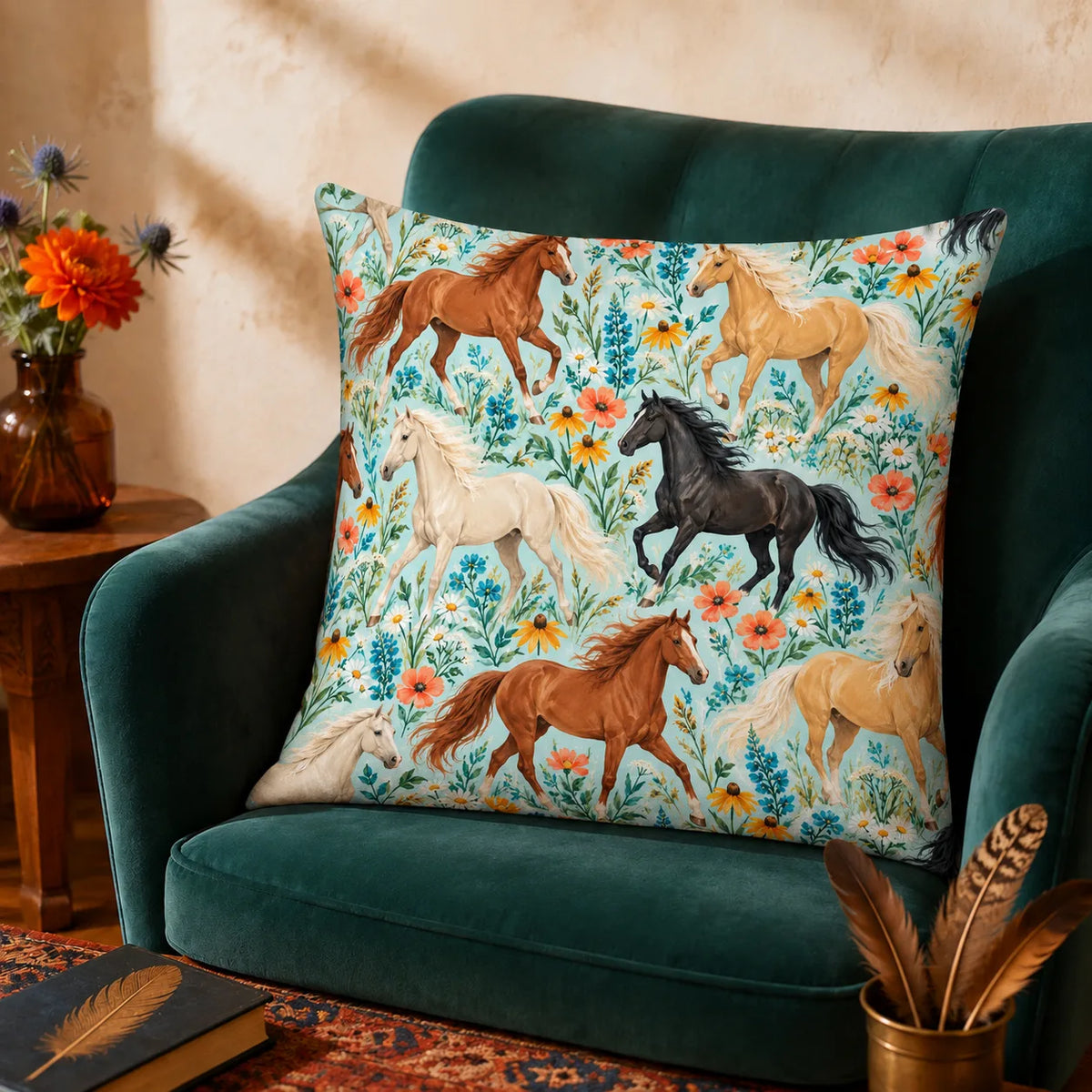 Summer Aqua Horse cushion cover set — chestnut, palomino and black horses among blue lupines and coral poppies on pale aqua