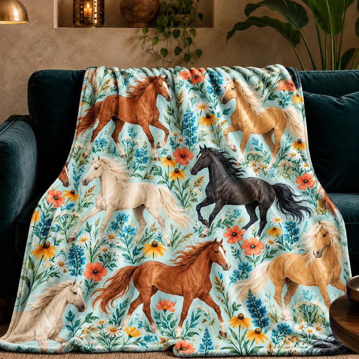 Summer Aqua Horse fleece throw blanket — chestnut, palomino and black horses among blue lupines and coral poppies on pale aqua