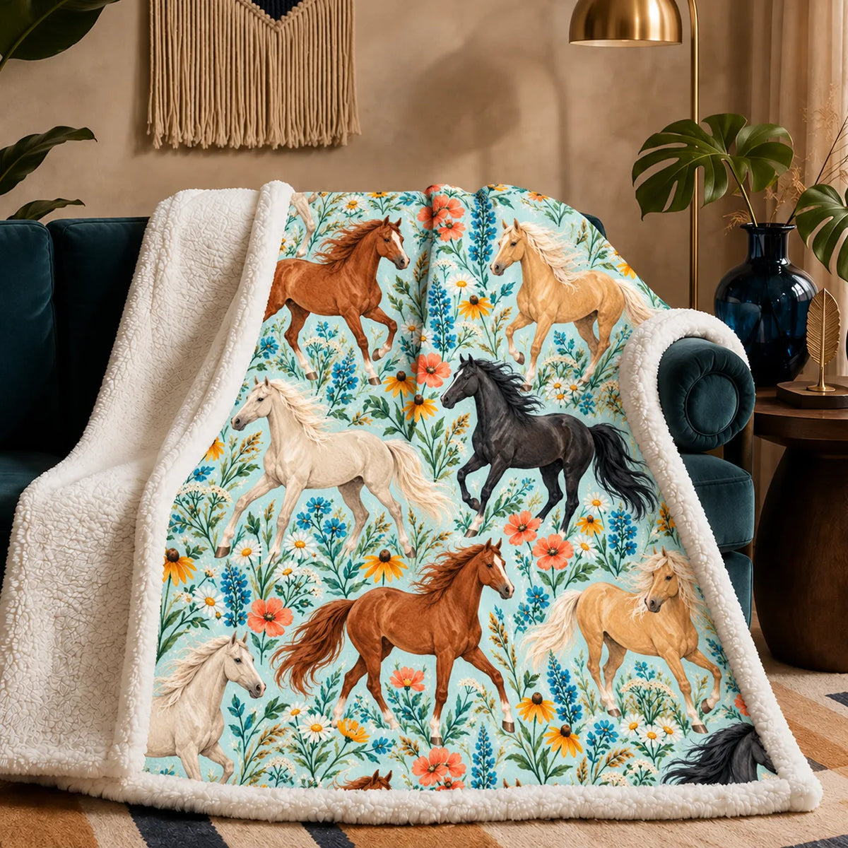 Summer Aqua Horse sherpa blanket — chestnut, palomino and black horses among blue lupines and coral poppies on pale aqua
