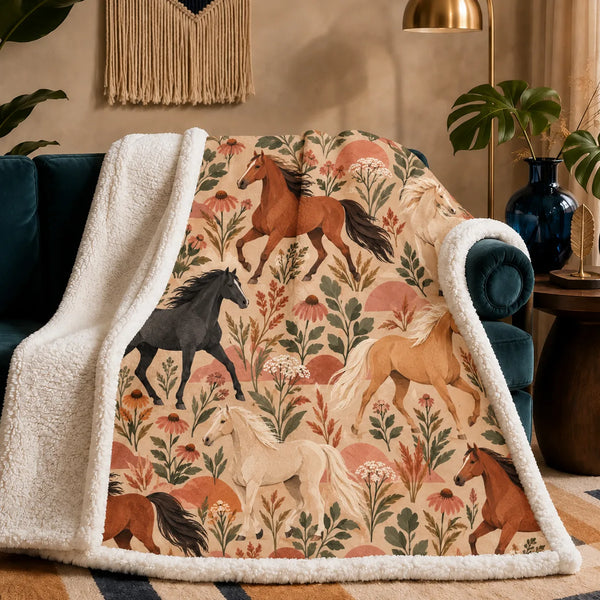 Terracotta Modern Horse sherpa blanket — chestnut, black and cream horses with terracotta half-circles and coneflowers on sand