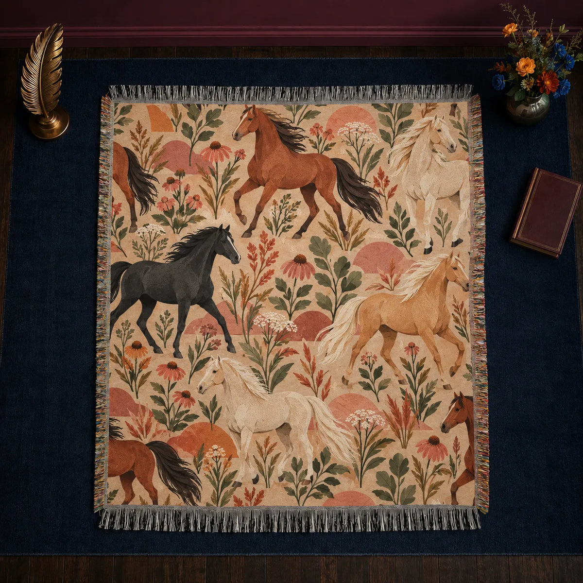 Terracotta Modern Horse woven throw blanket — chestnut, black and cream horses with terracotta half-circles and coneflowers on sand