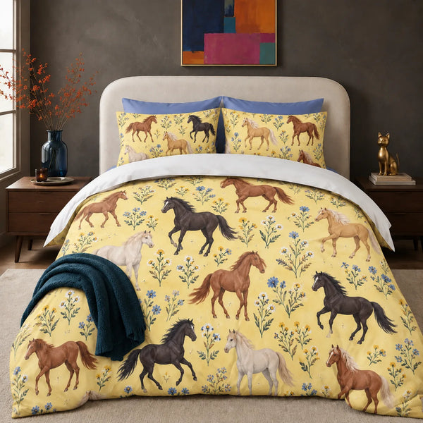 Tiny Ditsy Horse comforter set — small chestnut, palomino and black horses with tiny blue and yellow flowers on butter yellow
