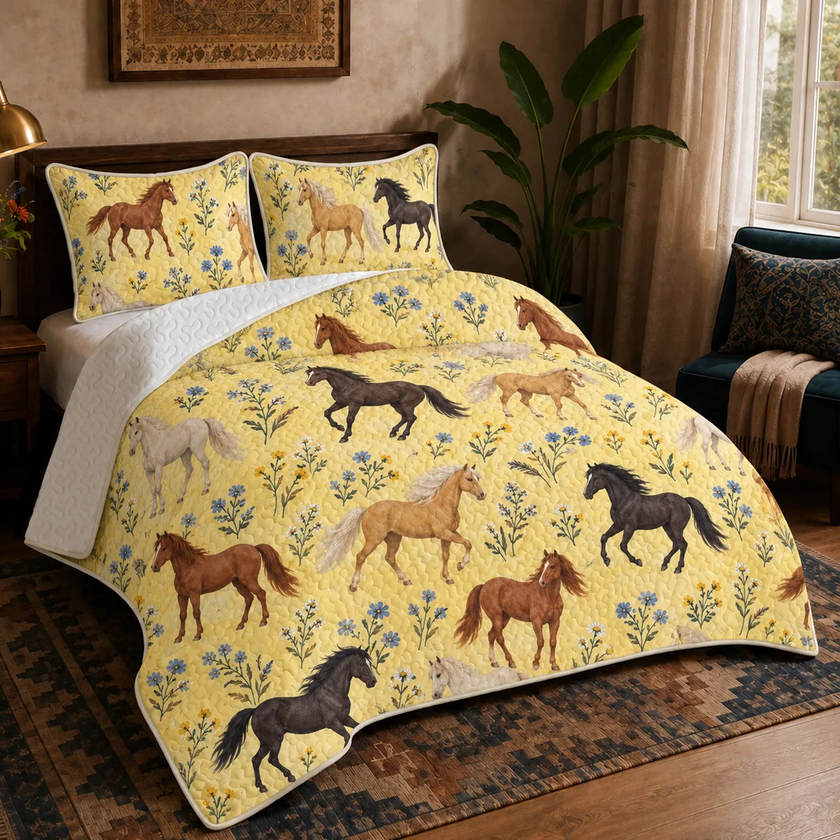Tiny Ditsy Horse quilt set — small chestnut, palomino and black horses with tiny blue and yellow flowers on butter yellow