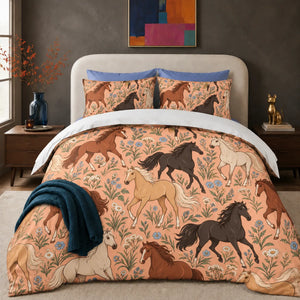 Whimsical Contour Horse comforter set — outlined chestnut, black and palomino horses among dusty blue flowers on peach