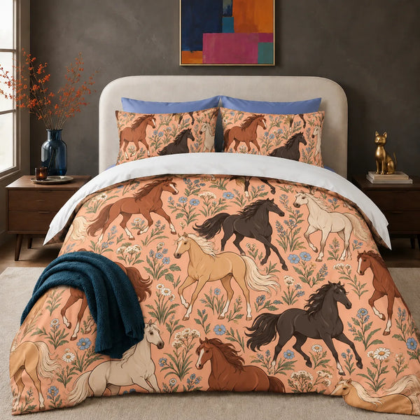 Whimsical Contour Horse comforter set — outlined chestnut, black and palomino horses among dusty blue flowers on peach