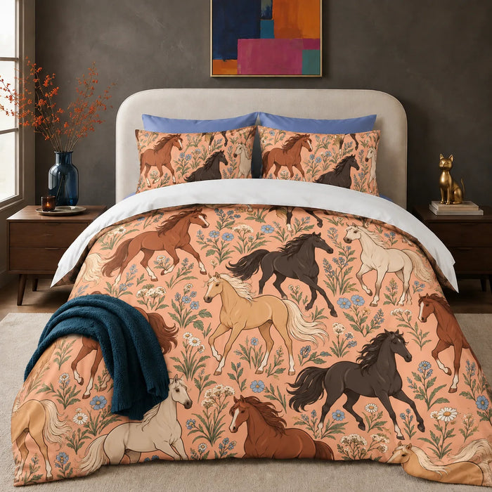Whimsical Contour Horse comforter set — outlined chestnut, black and palomino horses among dusty blue flowers on peach