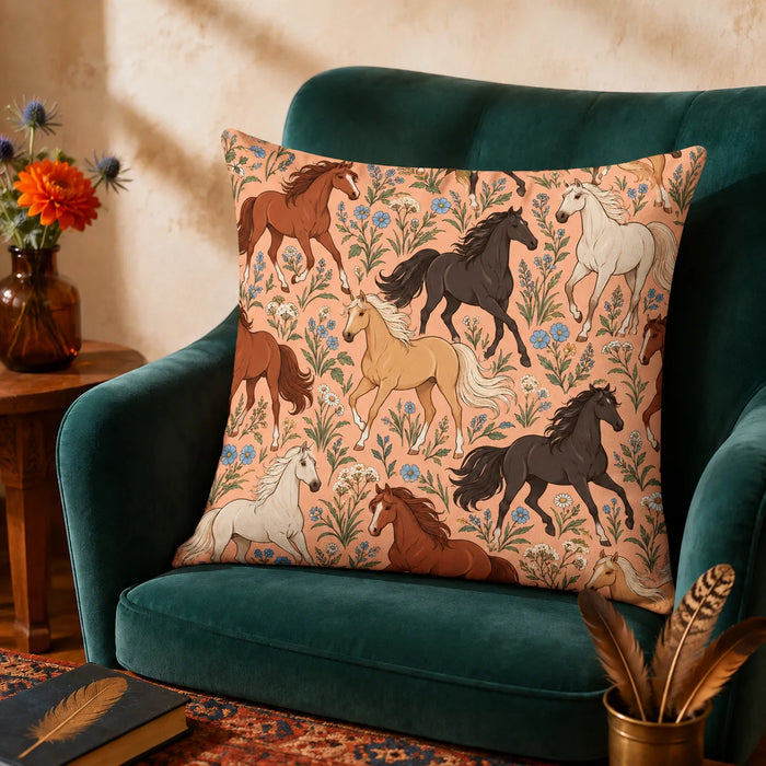 Whimsical Contour Horse cushion cover set — outlined chestnut, black and palomino horses among dusty blue flowers on peach