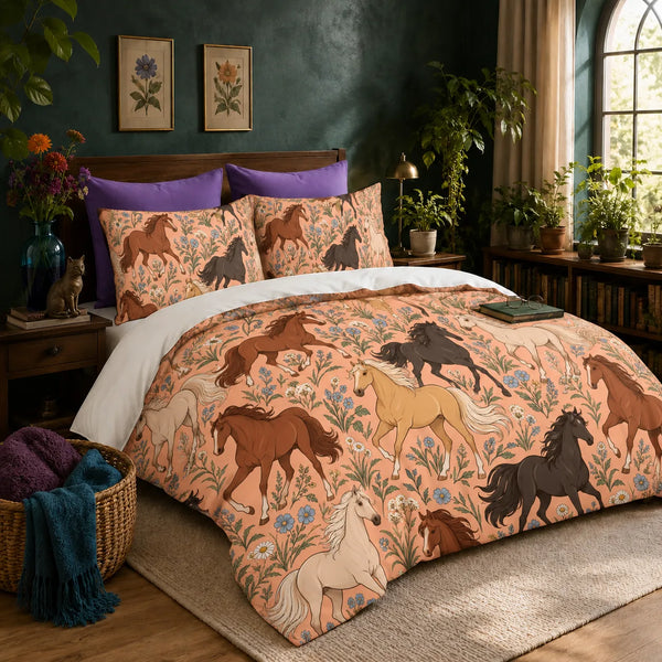 Whimsical Contour Horse duvet cover set — outlined chestnut, black and palomino horses among dusty blue flowers on peach