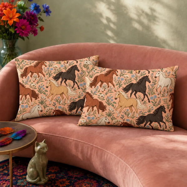 Whimsical Contour Horse pillowcase set — outlined chestnut, black and palomino horses among dusty blue flowers on peach