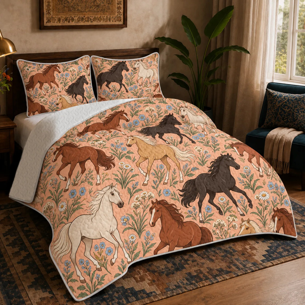 Whimsical Contour Horse quilt set — outlined chestnut, black and palomino horses among dusty blue flowers on peach