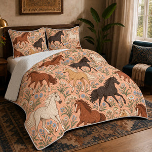 Whimsical Contour Horse quilt set — outlined chestnut, black and palomino horses among dusty blue flowers on peach