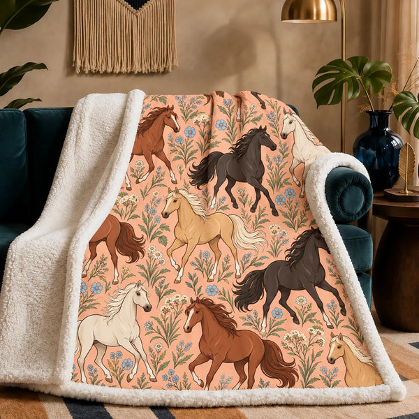 Whimsical Contour Horse sherpa blanket — outlined chestnut, black and palomino horses among dusty blue flowers on peach