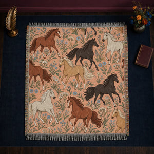 Whimsical Contour Horse woven throw blanket — outlined chestnut, black and palomino horses among dusty blue flowers on peach
