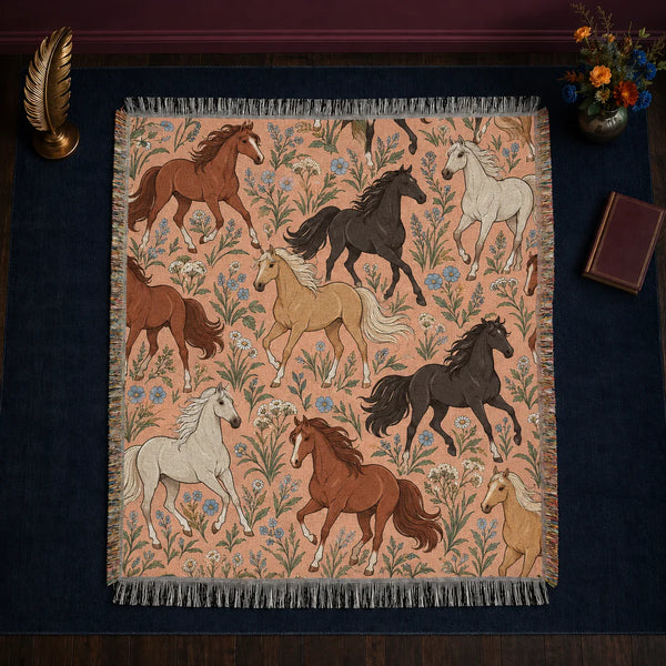 Whimsical Contour Horse woven throw blanket — outlined chestnut, black and palomino horses among dusty blue flowers on peach