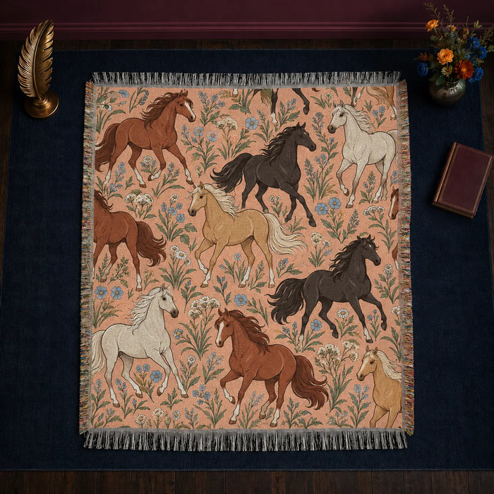 Whimsical Contour Horse woven throw blanket — outlined chestnut, black and palomino horses among dusty blue flowers on peach