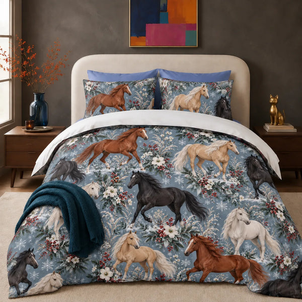 Winter Garden Horse comforter set — chestnut, palomino and black horses with red berries, white flowers and snowflakes on slate blue