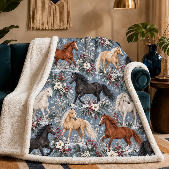 Winter Garden Horse sherpa blanket — chestnut, palomino and black horses with red berries, white flowers and snowflakes on slate blue