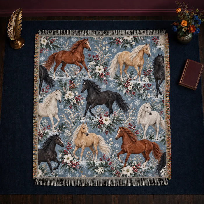 Winter Garden Horse woven throw blanket — chestnut, palomino and black horses with red berries, white flowers and snowflakes on slate blue