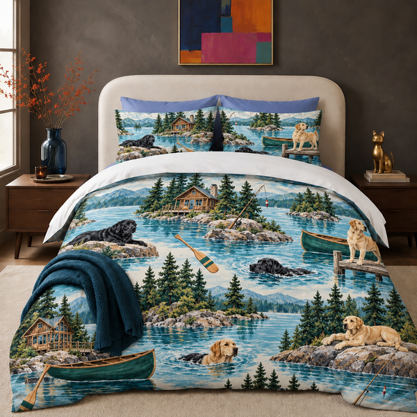 Lake House Labradors comforter set with two matching shams on a made bed