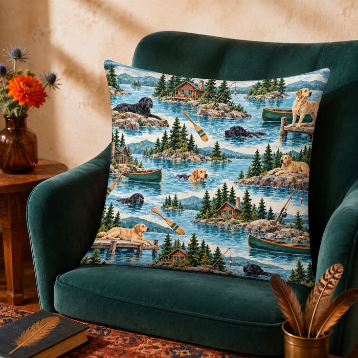 Lake House Labradors cushion cover on a dark green velvet armchair