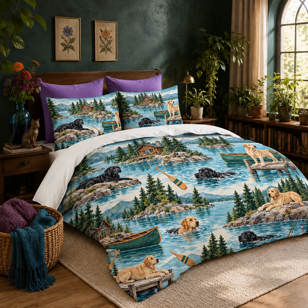 Lake House Labradors duvet cover set with two matching shams on a made bed