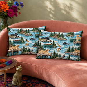 Two Lake House Labradors pillowcases resting on a pink sofa