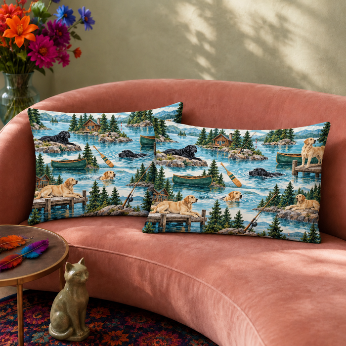 Two Lake House Labradors pillowcases resting on a pink sofa