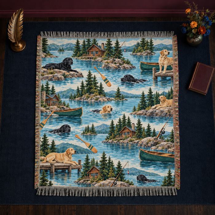 Lake House Labradors woven throw blanket with knotted fringe laid flat