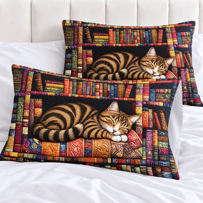 Library Nap Tabby Cat pillowcases – set of two printed pillowcases on a white bed