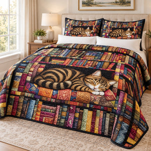 Library Nap Tabby Cat quilt set – quilt and two matching shams on a queen bed in a bright neutral bedroom